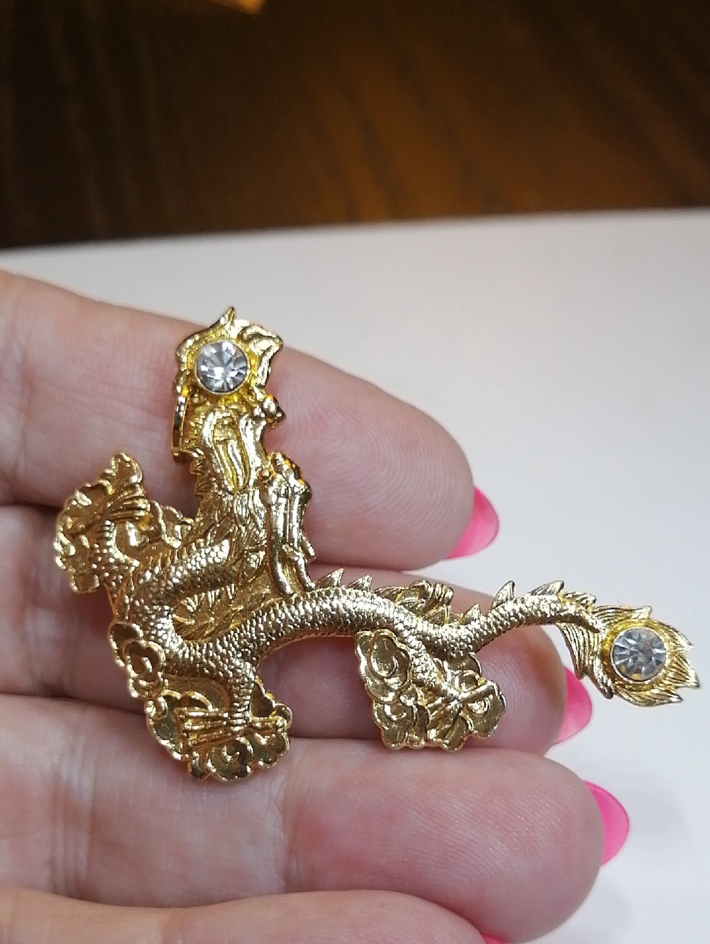 Gold Dragon Unisex Brooch/ Pendant with Clear Crystal Accents